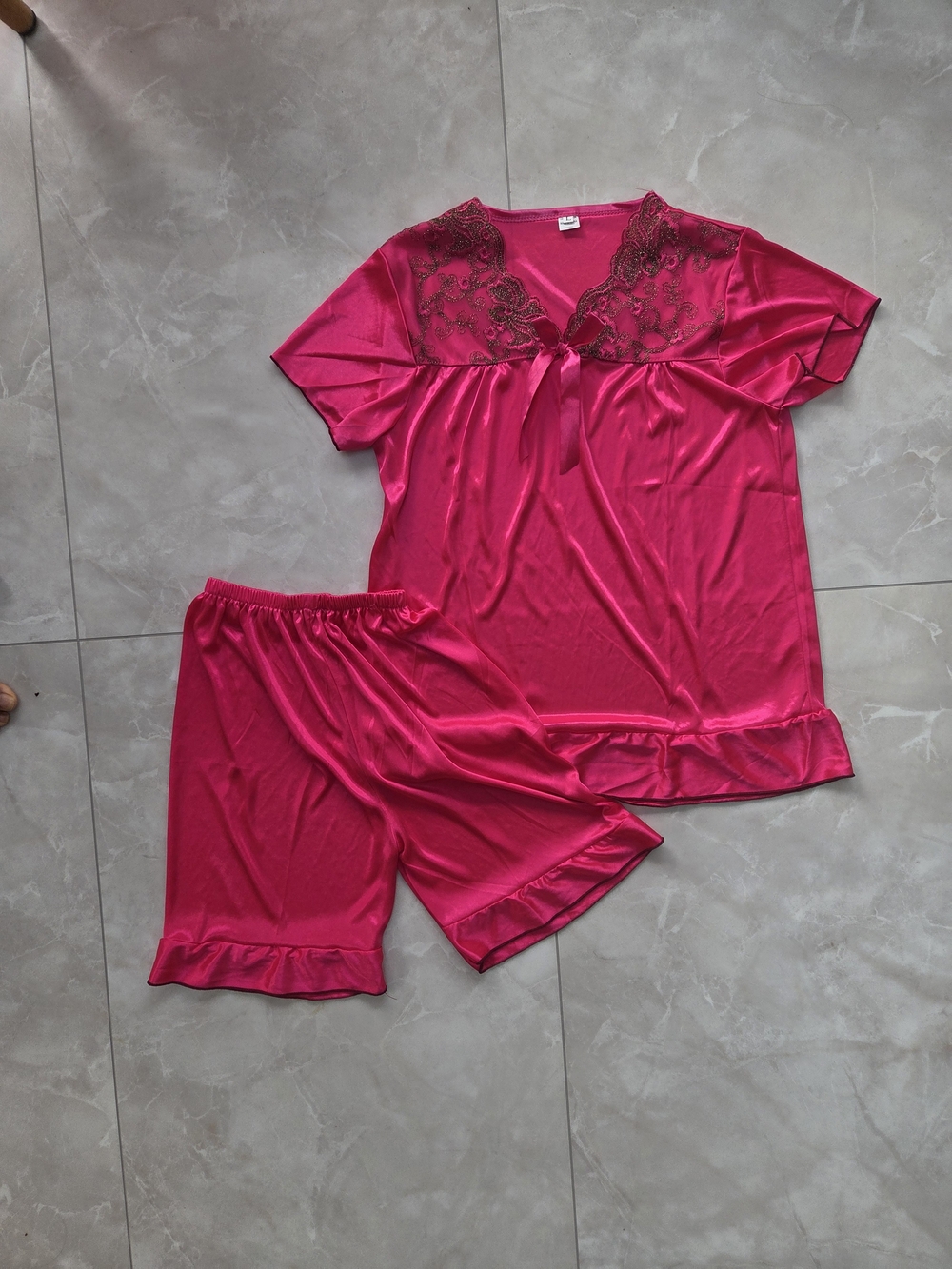Women’s Hot Pink Short Sleeve Satin Pajama Set with Lace